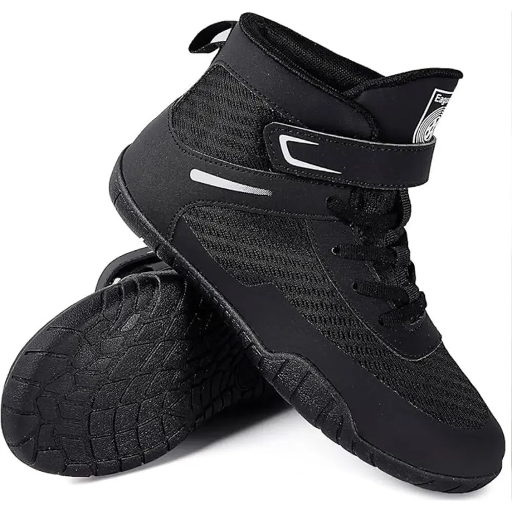 New Sisttke Boys Size 3.5 Black Mesh Lace Up Hook Loop Wrestling High Top Shoes